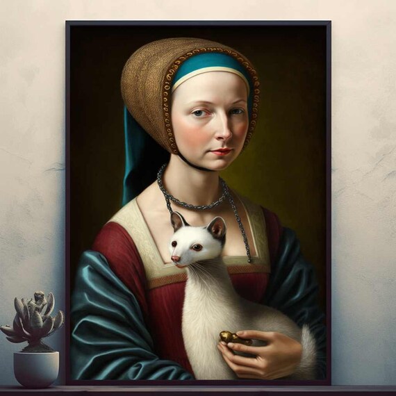 Renaissance Lady Holding White Cat Classic Art Parody Poster