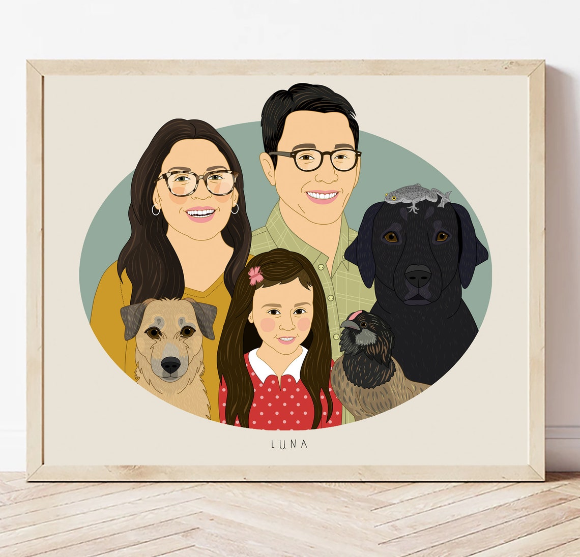 Family of Three With Dogs Chicken Lizard Named Luna Portrait Poster