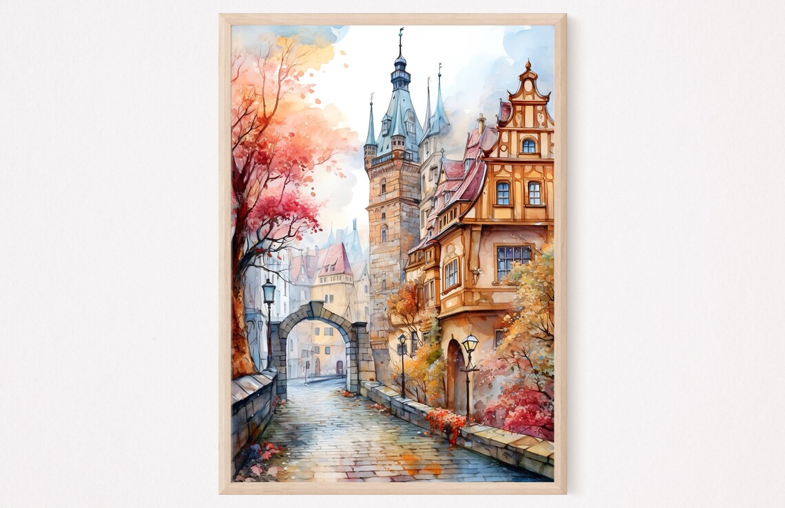 Medieval Old Town Towers Cobblestone Bridge Autumn Watercolor Poster