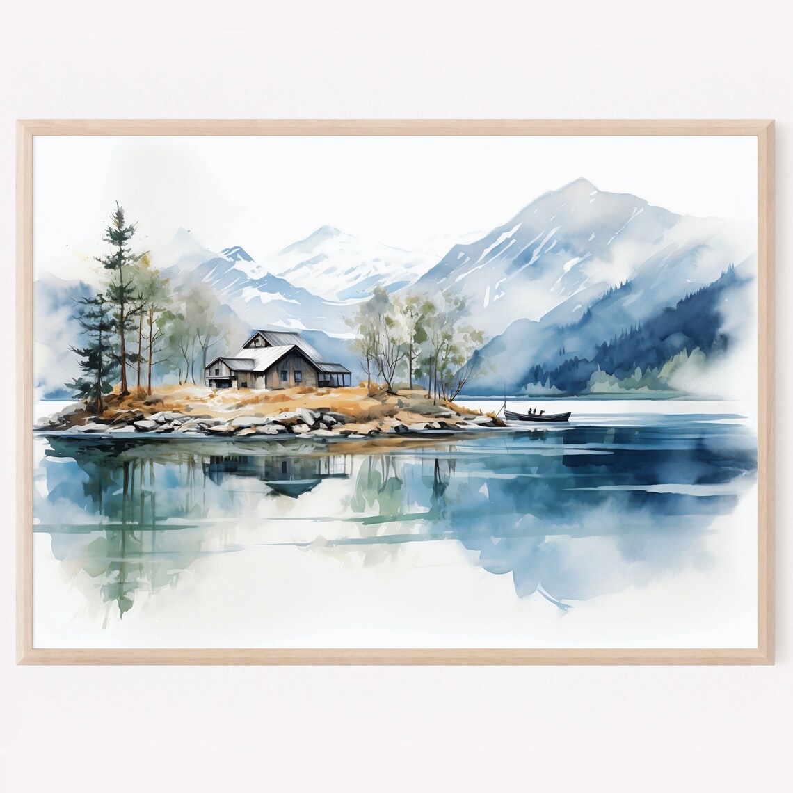 Mountain Lake Cabin Snowy Peaks Reflection Watercolor Poster