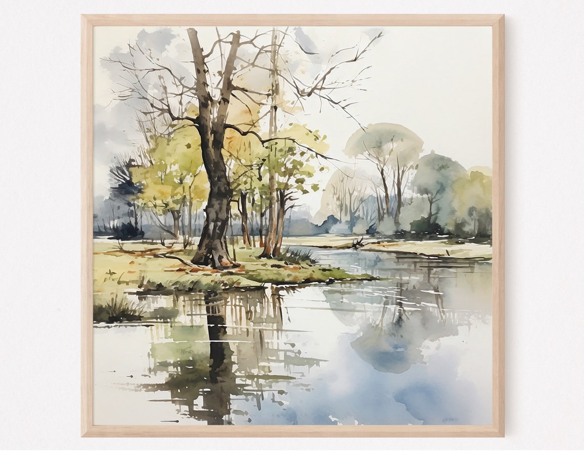 Still Lake Tree Reflection Calm Water Watercolor Minimal Art Print
