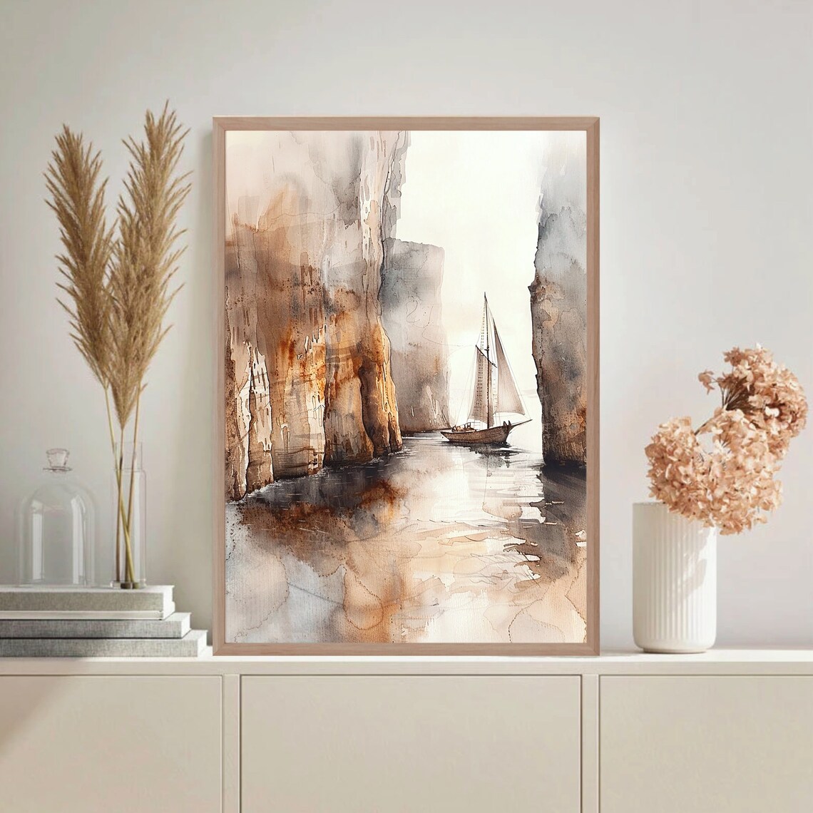 Sailboat in Narrow Sea Inlet Watercolor between Tall Cliffs Print - Image 2