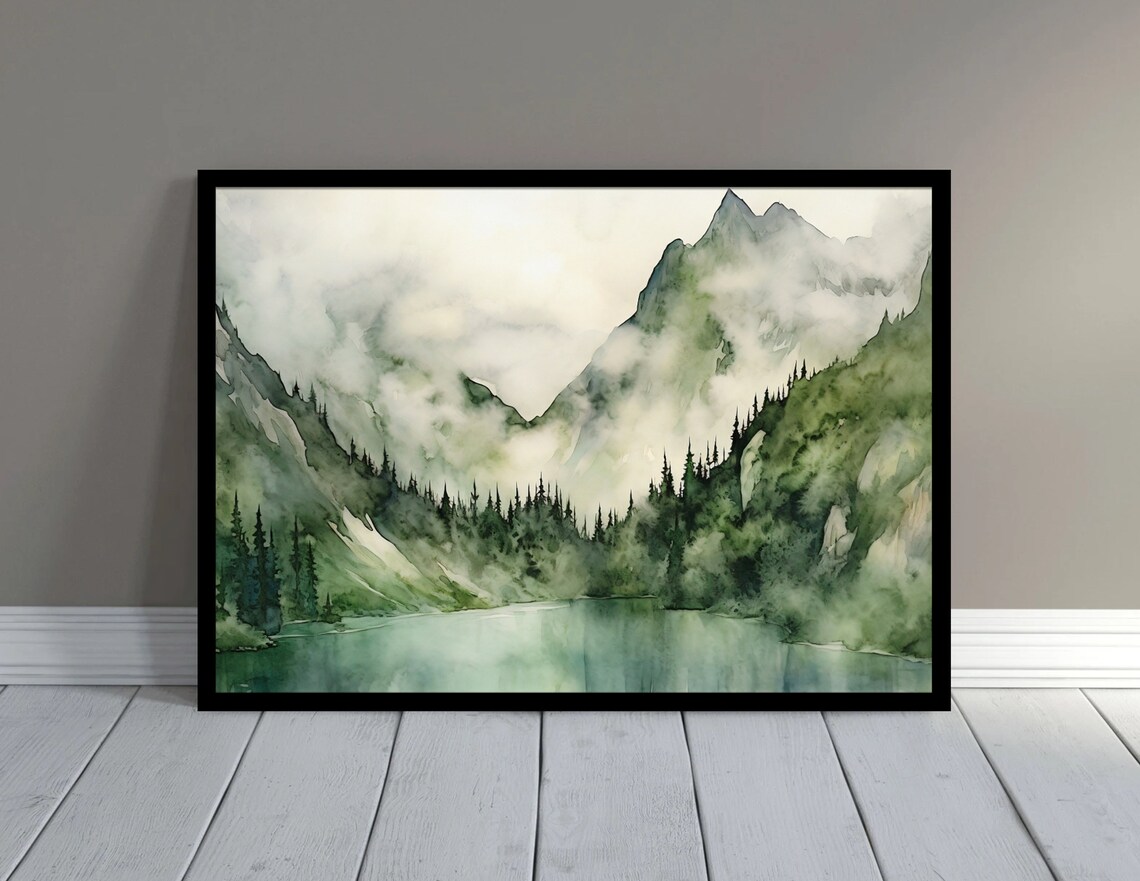 Misty Green Mountain Lake Watercolor with Pine Forest Poster - Image 4