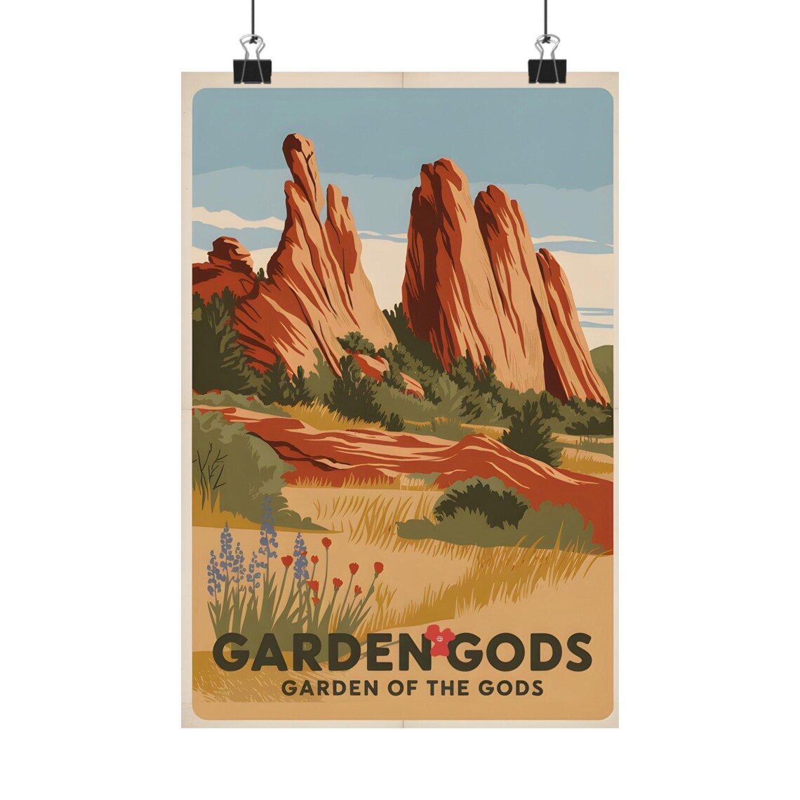 Garden Of The Gods Red Rock Spires Wildflowers Vintage Travel Poster