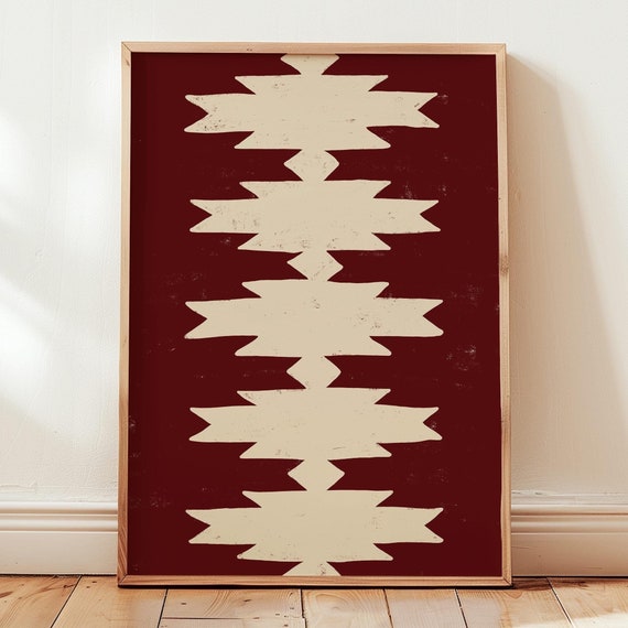 Cherry Red Aztec Pattern Wall Art Western Decor Southwest Artwork Mexican Blanket Style Gothic Print