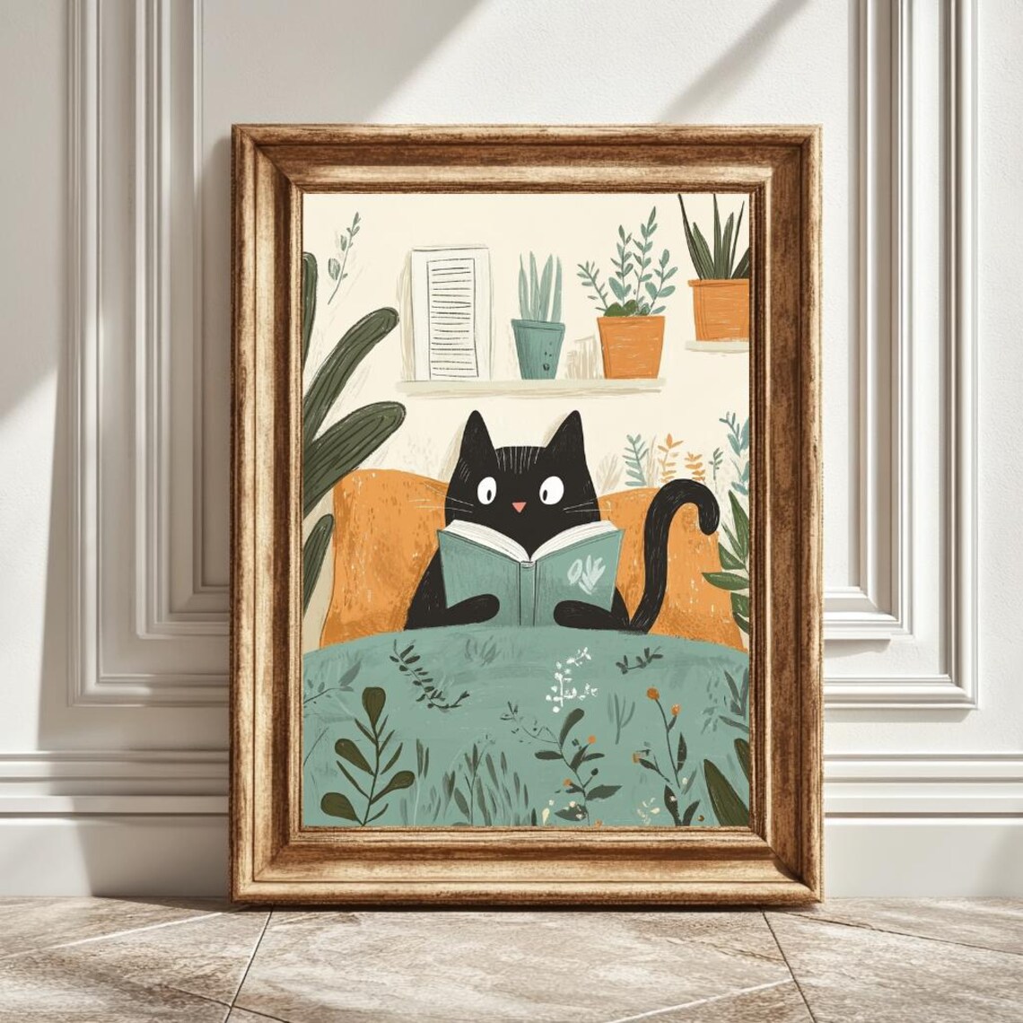 Black Cat Reading In Bed, Cozy Bedroom Decor