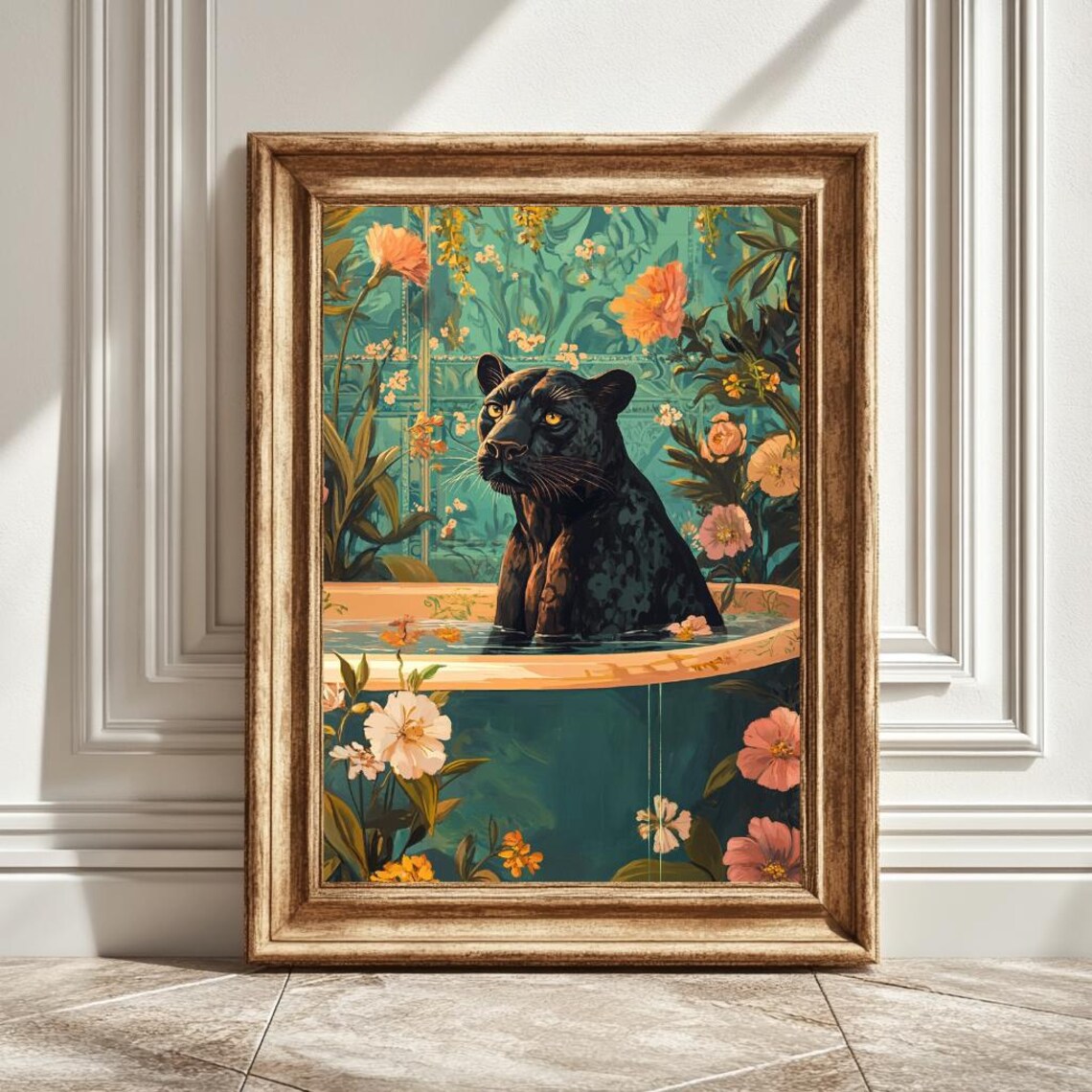 Flowers and Panther, Animal-Themed Art Poster