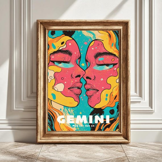 Gemini Astrology Funky Art Print, Zodiac Decor