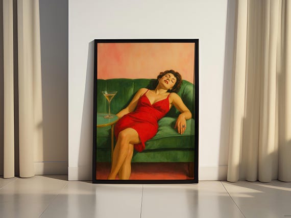 Woman in Red Dress Lounging on Green Sofa Retro Cocktail Art Poster