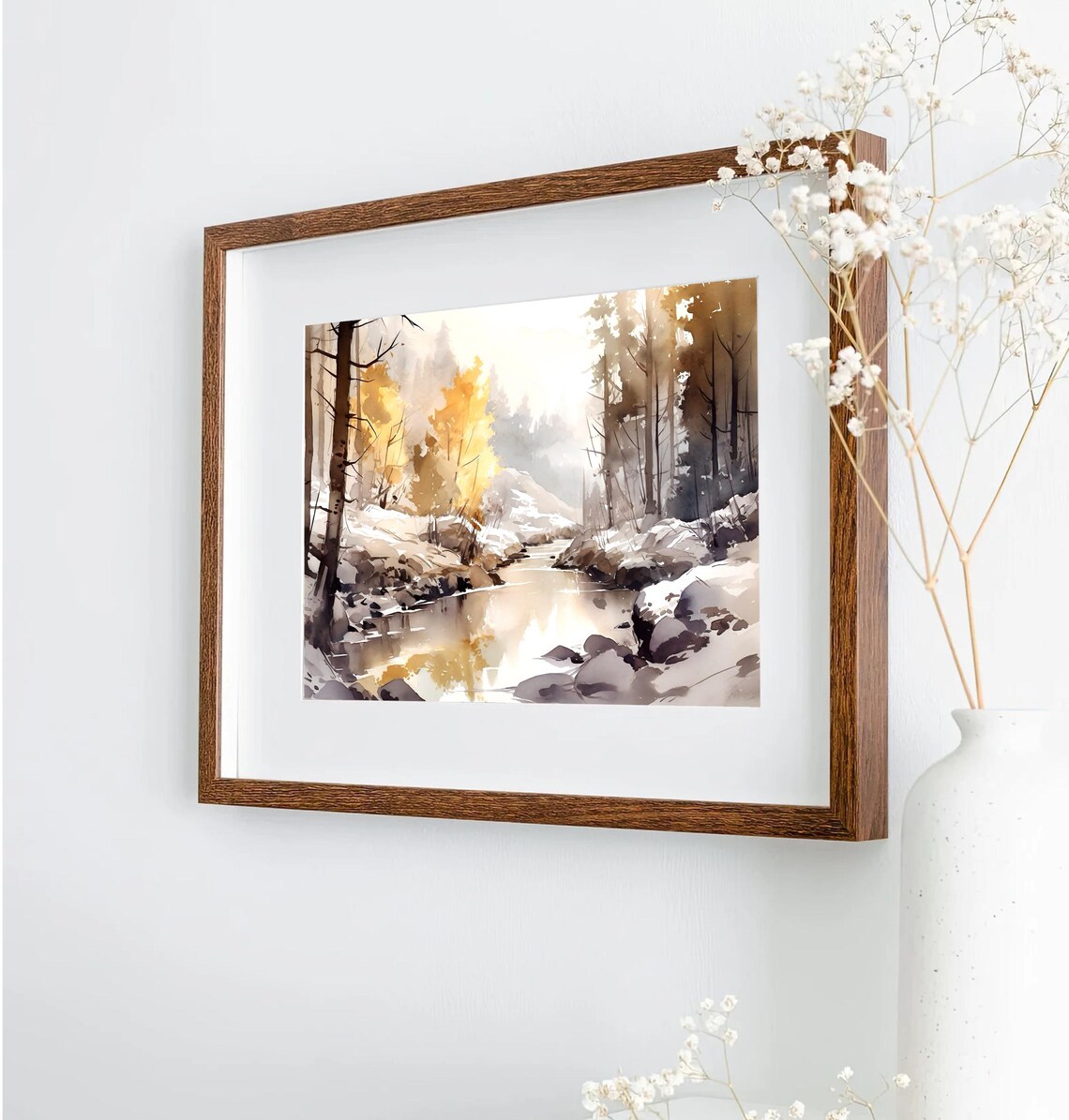 Winter River Through Snow Golden Autumn Trees Glow Watercolor Scene Poster - Image 5