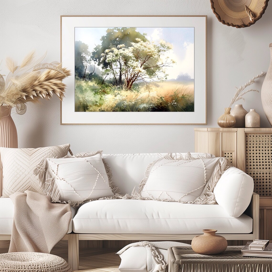 Sunlit Flowering Meadow Golden Morning Light Watercolor Art Print - Image 2