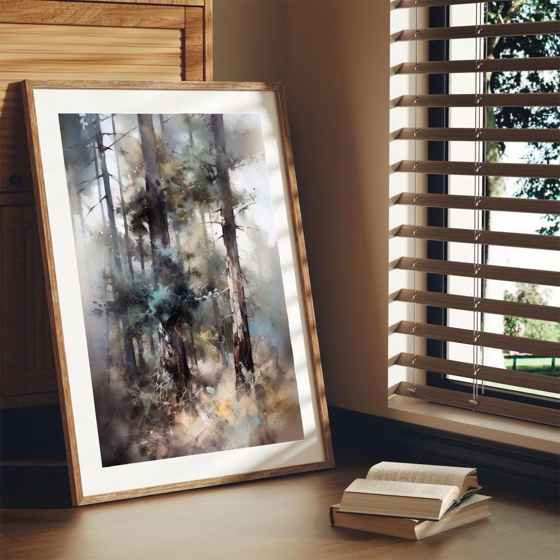 Misty Dark Pine Forest Tall Trunks Soft Fog Watercolor Woodland Poster - Image 2