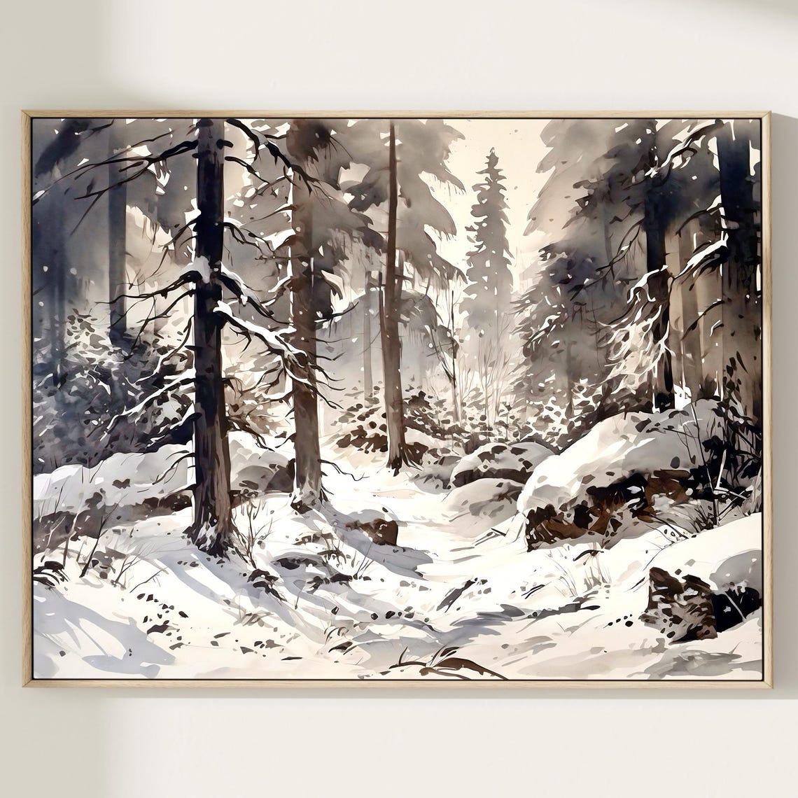 Dark Evergreen Winter Forest Heavy Snow Tall Pines Watercolor Poster - Image 2