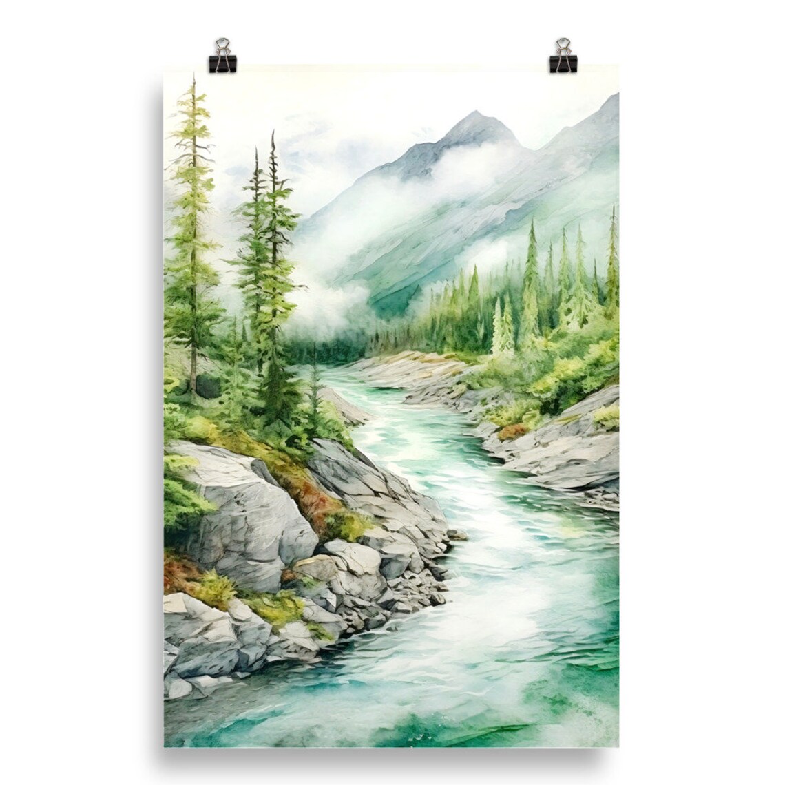 Turquoise Mountain River Pine Forest Rocky Banks Watercolor Poster - Image 5