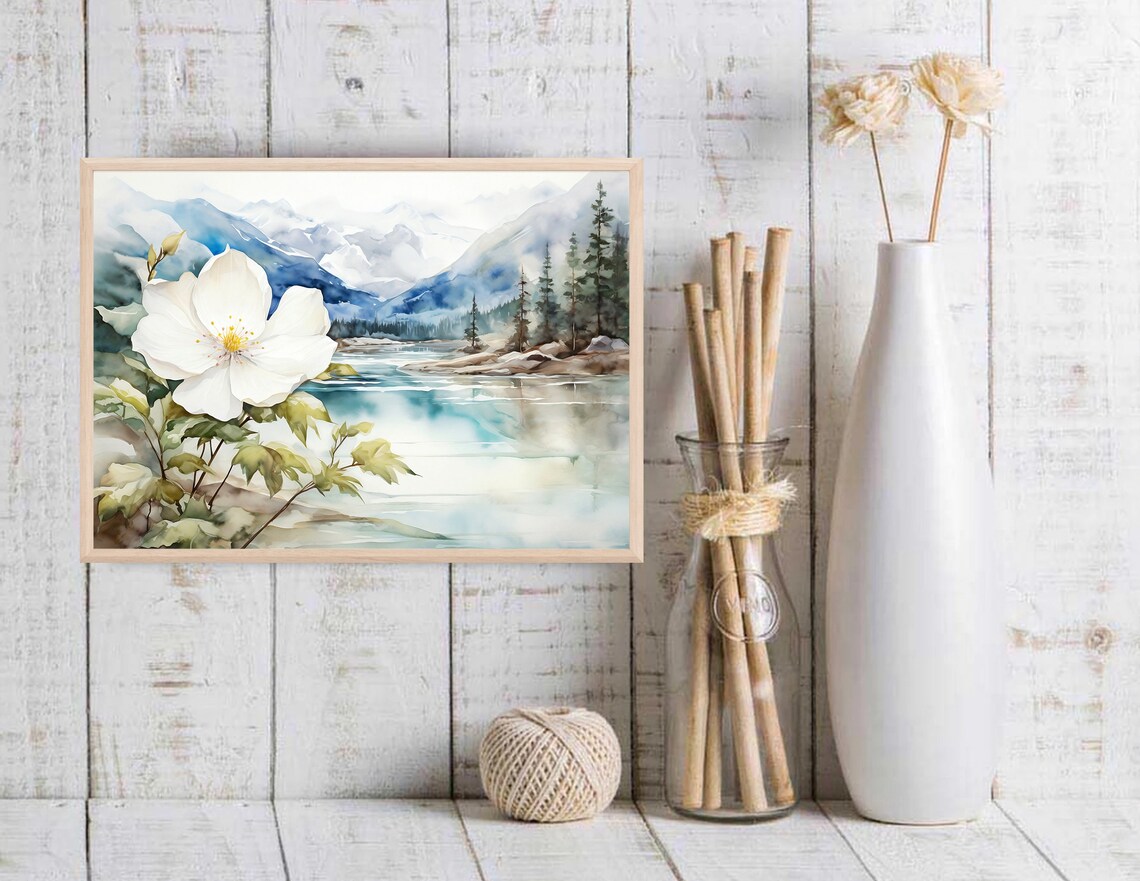 Mountain Lake Watercolor Landscape Art Print, Neutral - Image 2