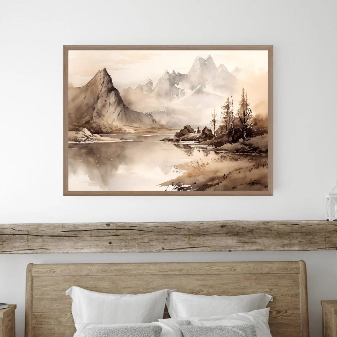 Minimalist Sepia Mountain Lake and Jagged Peaks Watercolor Poster - Image 3