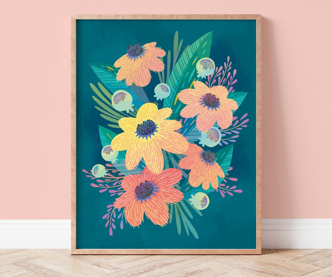 Teal Peach Daisy Bouquet Modern Botanical Floral Wall Poster
