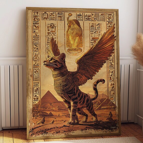 Winged Egyptian Cat Guardian Overlooking the Pyramids Poster