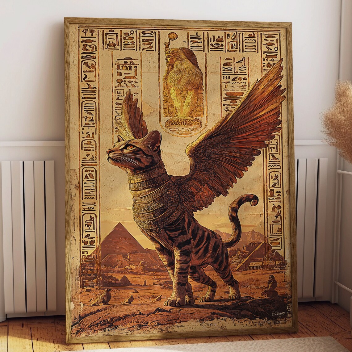 Winged Egyptian Cat Guardian Overlooking the Pyramids Poster