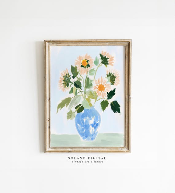 Southern Floral Art Print Peach Sunflower Wall Blue Vase Country Kitchen Decor Pastel Botanical