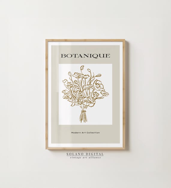 Vintage Botanical Line Art Print Modern Floral Poster Minimalist Wall Decor Beige Drawing
