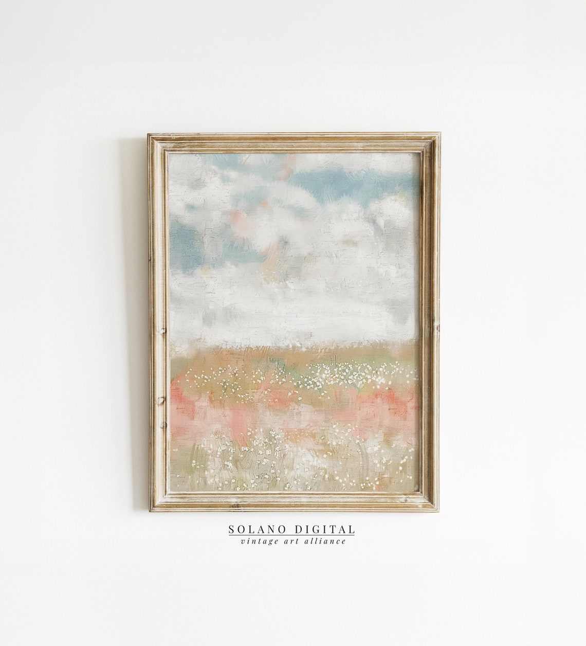 Spring Landscape Oil Painting Cloudy Sky Wildflower Meadow Wall Art
