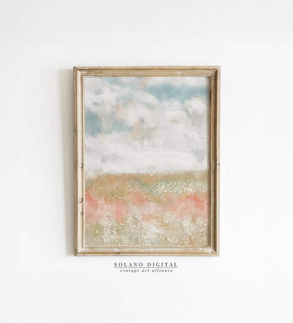 Spring Landscape Oil Painting Cloudy Sky Wall Art Country Farmhouse Antique Subtle Colors