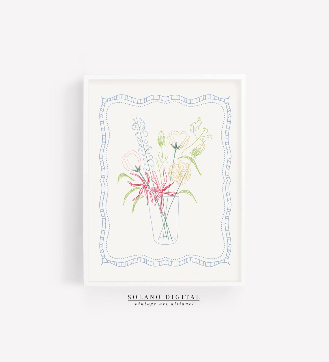 Delicate Line Art Flowers In Vase Whimsical Doodle Art Poster