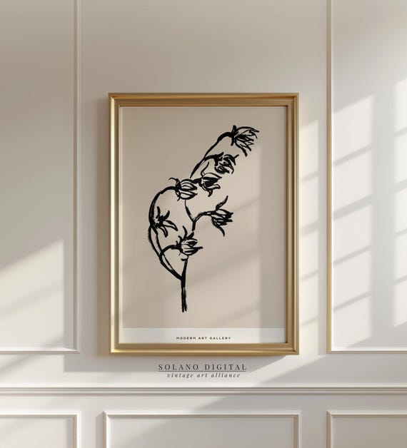 Minimal Botanical Wall Art Modern Black Line Flower Drawing Poster For Neutral Home Or Gallery Decor