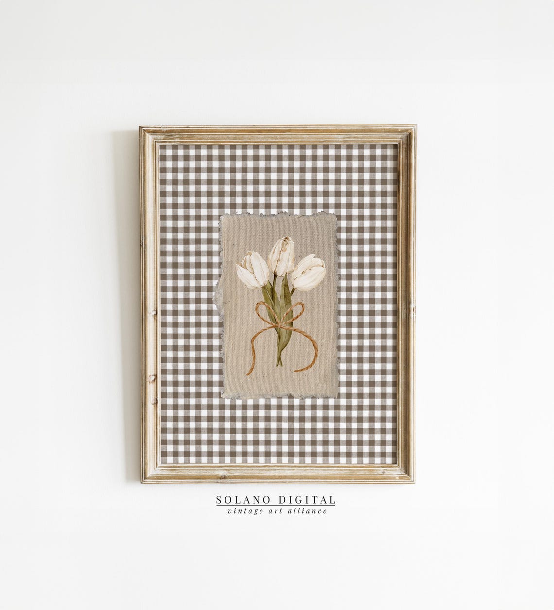 White Tulips Tied With Twine Bow On Brown Gingham Floral Wall Art