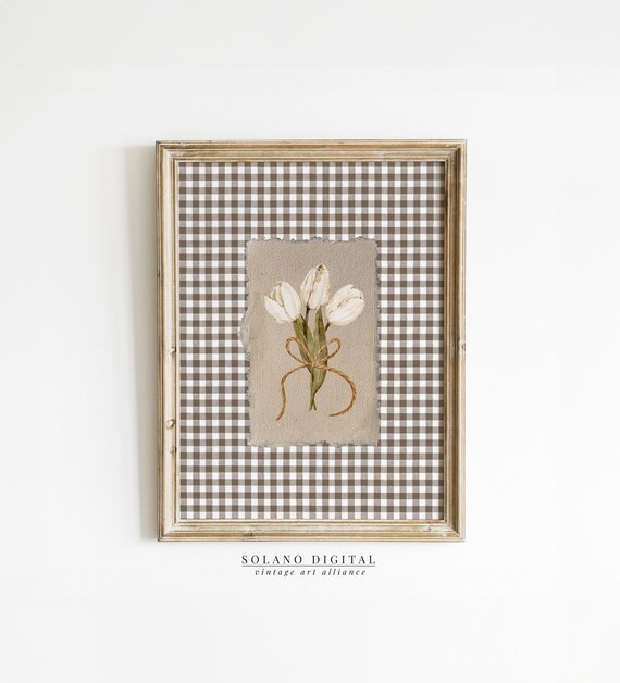 Brown Gingham White Flower Print Wall Art Trendy Decor Vintage Floral Painting Nursery Tulips