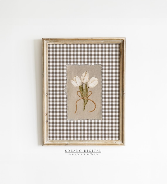 White Tulips Tied With Twine Bow On Brown Gingham Floral Wall Art