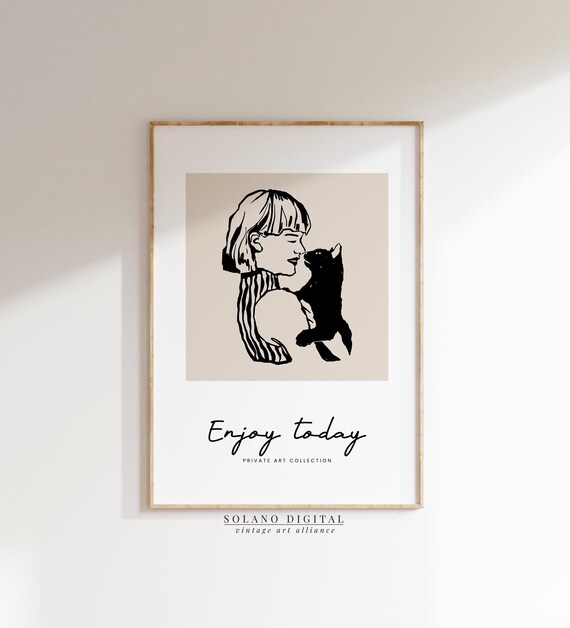 Minimalist Cat Lover Line Art Print Girl And Black Illustration Pet Modern Wall Decor