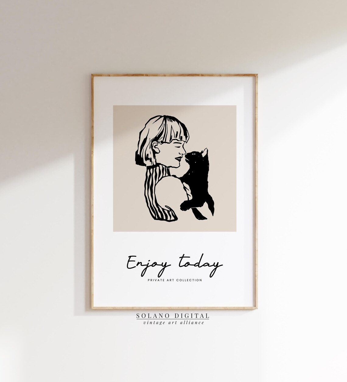 Minimalist Cat Lover Line Art Print Girl And Black Illustration Pet Modern Wall Decor