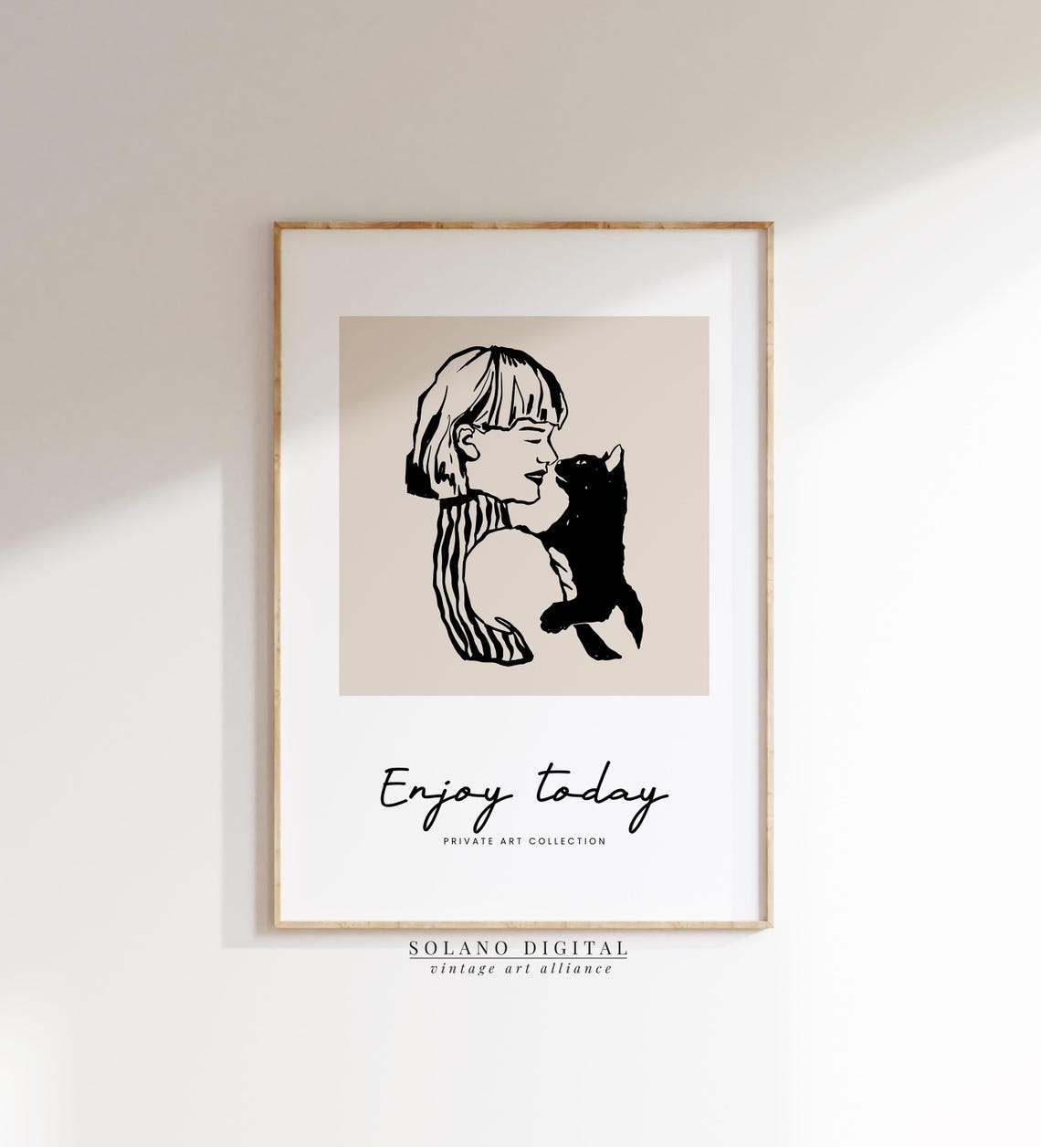Smiling Girl With Black Cat Enjoy Today Quote Line Art Poster