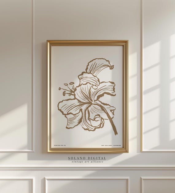 Botanical Line Art Print Lily Flower Minimalist Wall Neutral Floral Poster Beige
