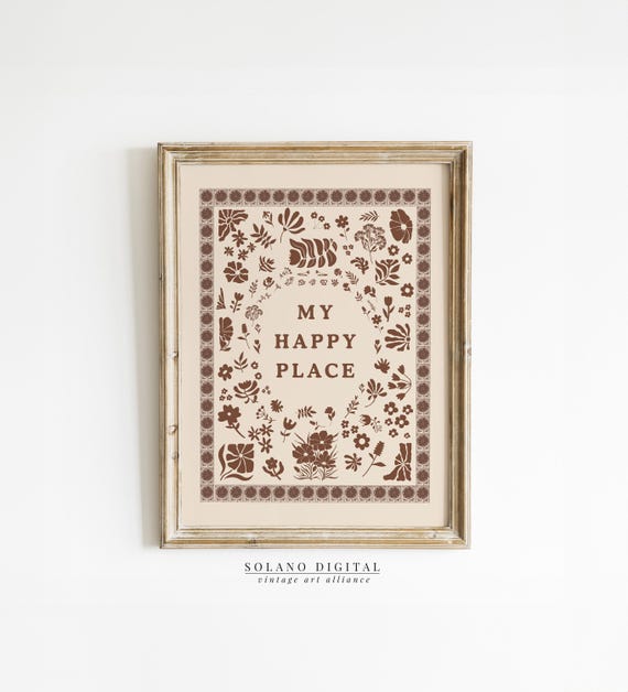 My Happy Place Wall Art Cozy Home Decor Typography Trendy For Minimalist Living Room Cottage Kitchen Brown Botanical