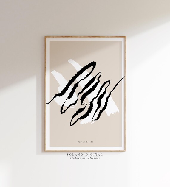 Abstract Minimalist Art Black And White Brushstroke Wall Decor Modern Neutral Beige Poster