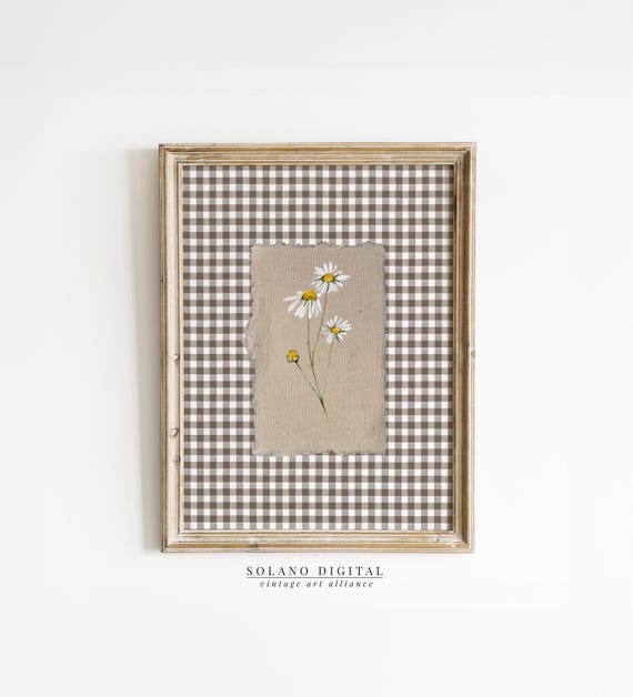 Brown Gingham Flower Print, Vintage Floral Art Print