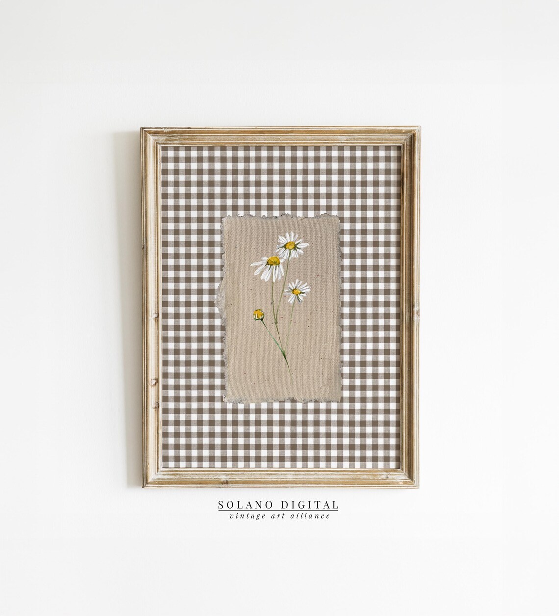 Brown Gingham Flower Print, Vintage Floral Art Print