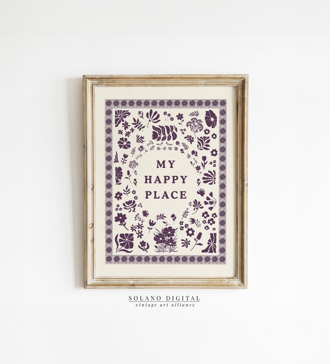 My Happy Place Purple Botanical Poster Floral Typography Quote Decor