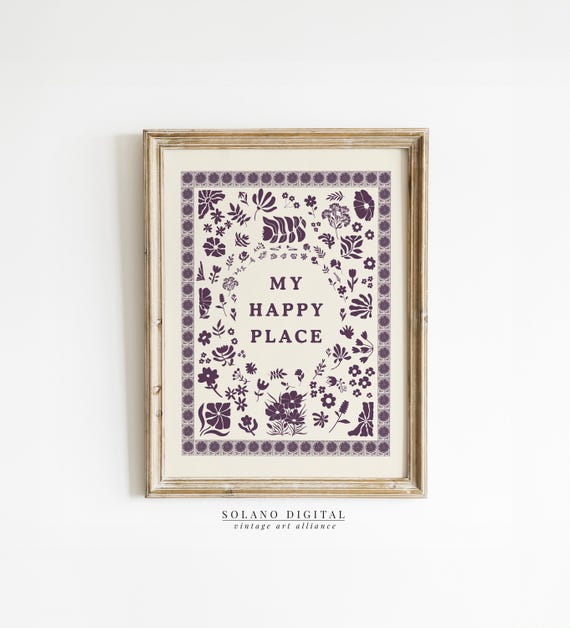 My Happy Place Wall Art Cozy Home Decor Typography Trendy For Minimalist Living Room Cottage Kitchen Purple Botanical
