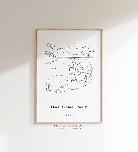 National Park Lakeside Line Art Outdoor Adventure Minimalist Poster