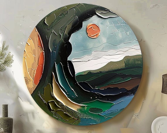 3d Abstract Green Mountain Landscape Large Round Decor Art Custom Sculpture Style Oil Painting Hand Texture Wall Art Original Nature
