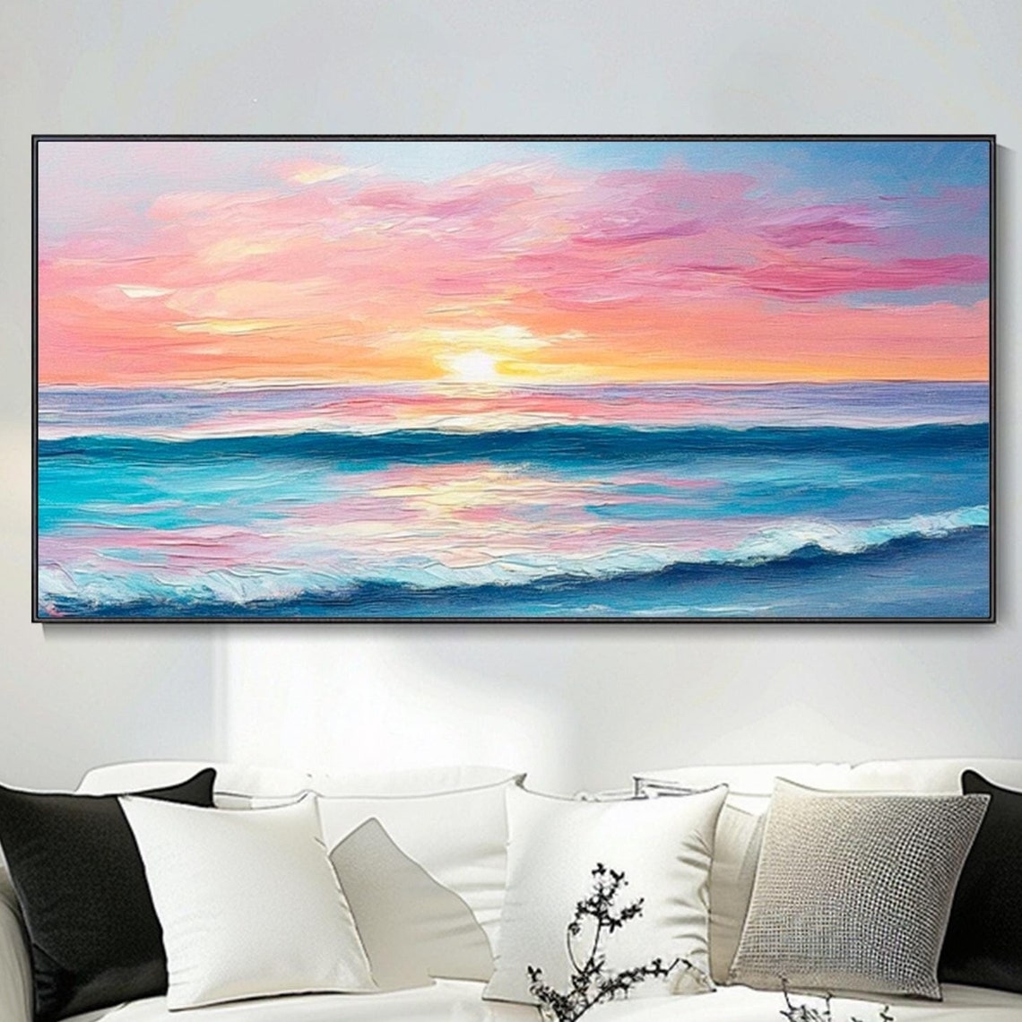 Pink Ocean Sunset Turquoise Waves Seascape Impasto Art Poster
