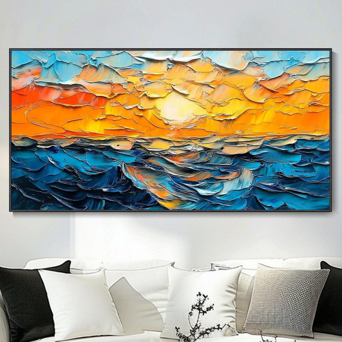 Deep Blue Ocean Waves Orange Sunset Sky Palette Knife Art Poster