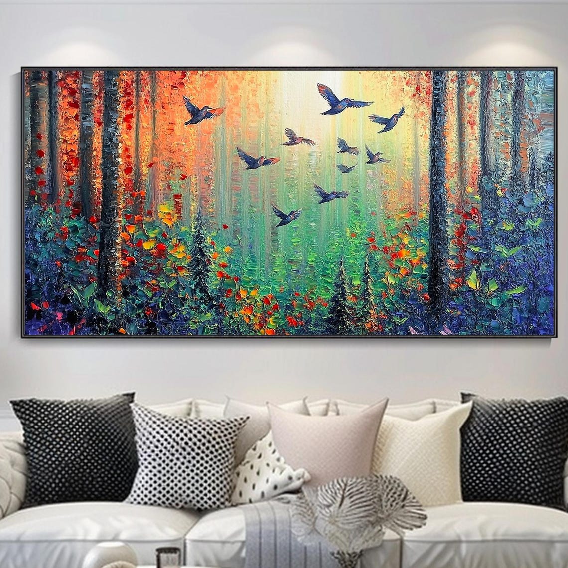 Sunlit Forest Birds Flying Autumn Canopy Impasto Nature Art Poster - Image 4