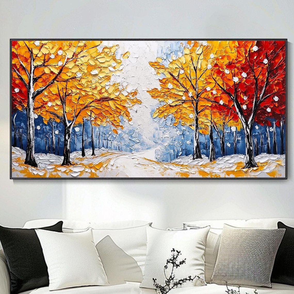 Autumn Birch Trees Fiery Fall Foliage Snowy Landscape Art Poster