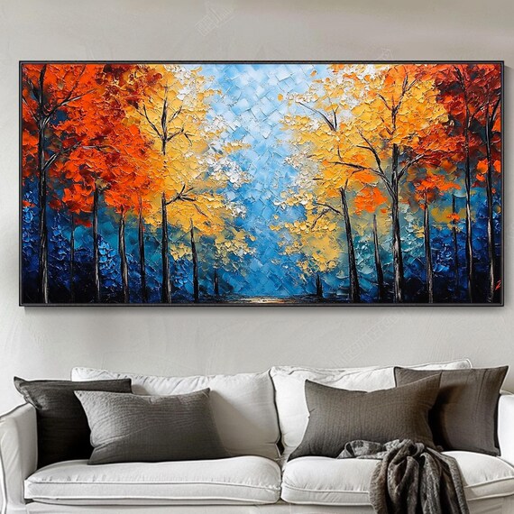 Original Blue Orange Forest Oil Painting Abstract Art Luxury Textured Knife 3d Texture Wall Art Living Room Bedroom Modern Art