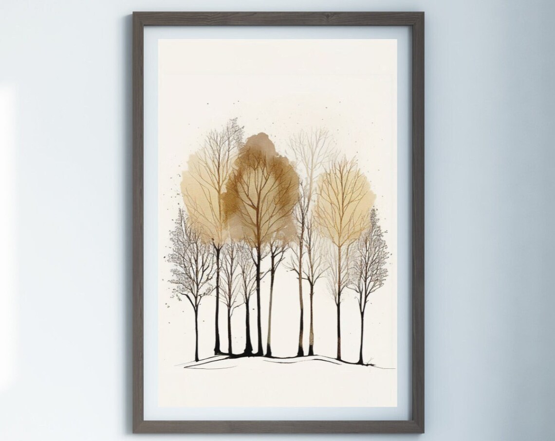 Minimalist Tree Grove Ink Sketch Gold Wash Modern Nature Wall Poster - Image 4